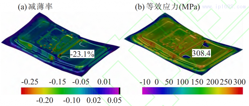圖 6 刺破刀具結(jié)構(gòu)優(yōu)化后零件減薄率與等效應力的云圖